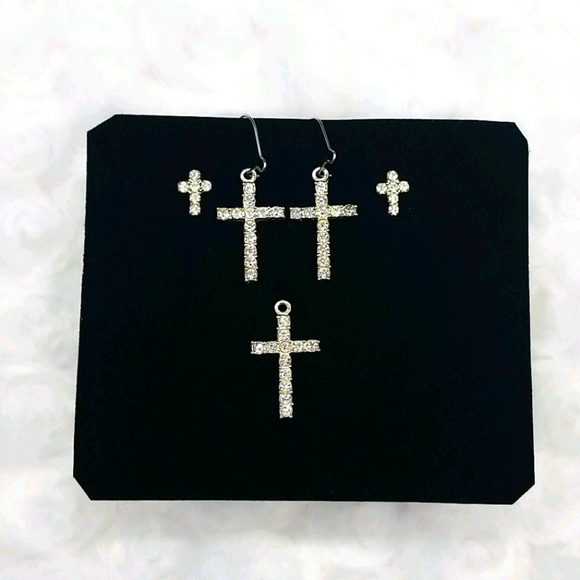 Vintage Jewelry - Rhinestone Cross Pendant and 2 Sets of Rhinestone Cross Earrings